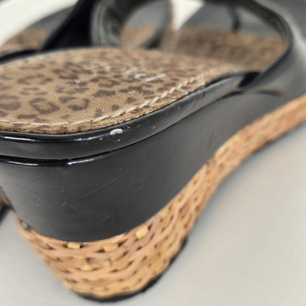 Paolo Black Patent Wedge Sandals Leopard Footbed Thong 3” Heel - Picture 6 of 11